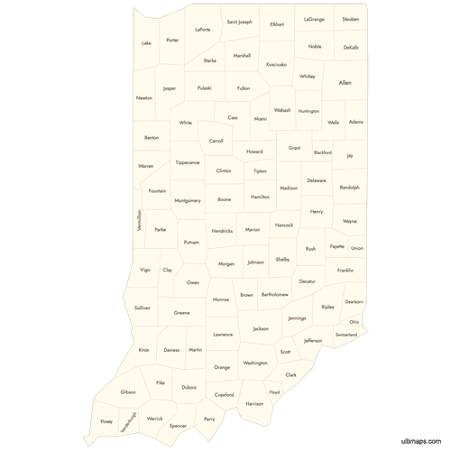 Preview of Labeled Map of Indiana Counties