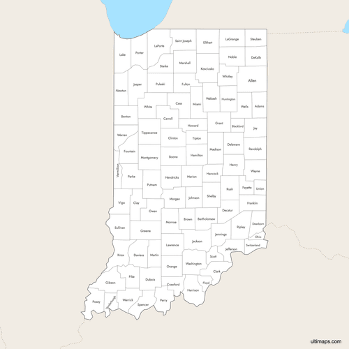 Preview of Labeled Map of Indiana Counties with Surrounding Areas