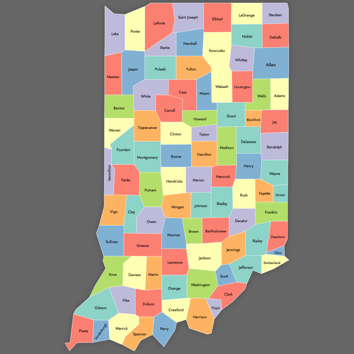 Custom Map of Indiana Counties with Labels (Dark Theme)
