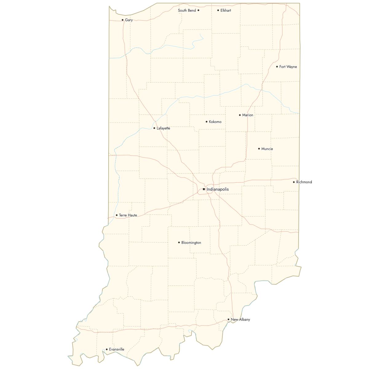 Custom Map of Indiana Counties with Cities