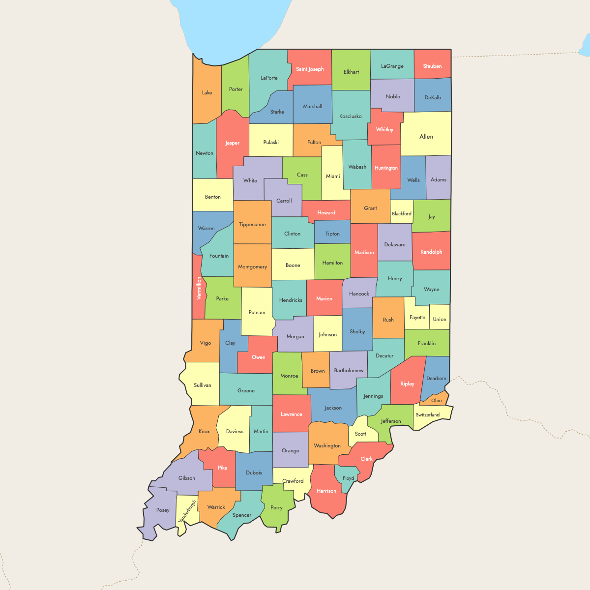 Custom Map of Indiana Counties with Surrounding Areas