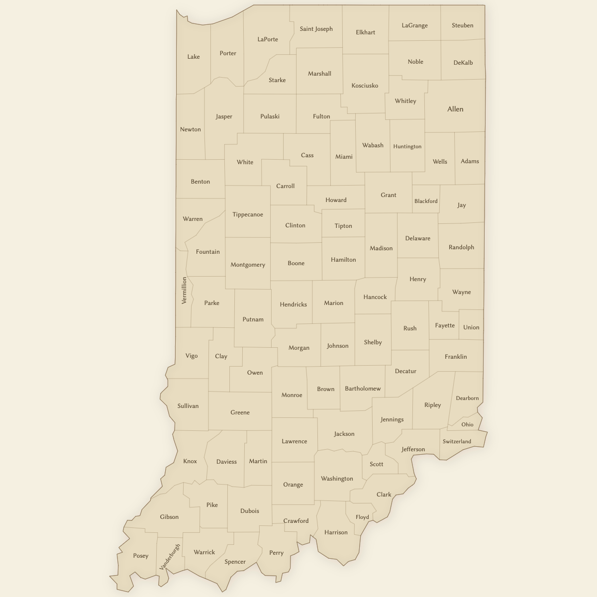 Styled Map of Indiana Counties (Vintage Theme)
