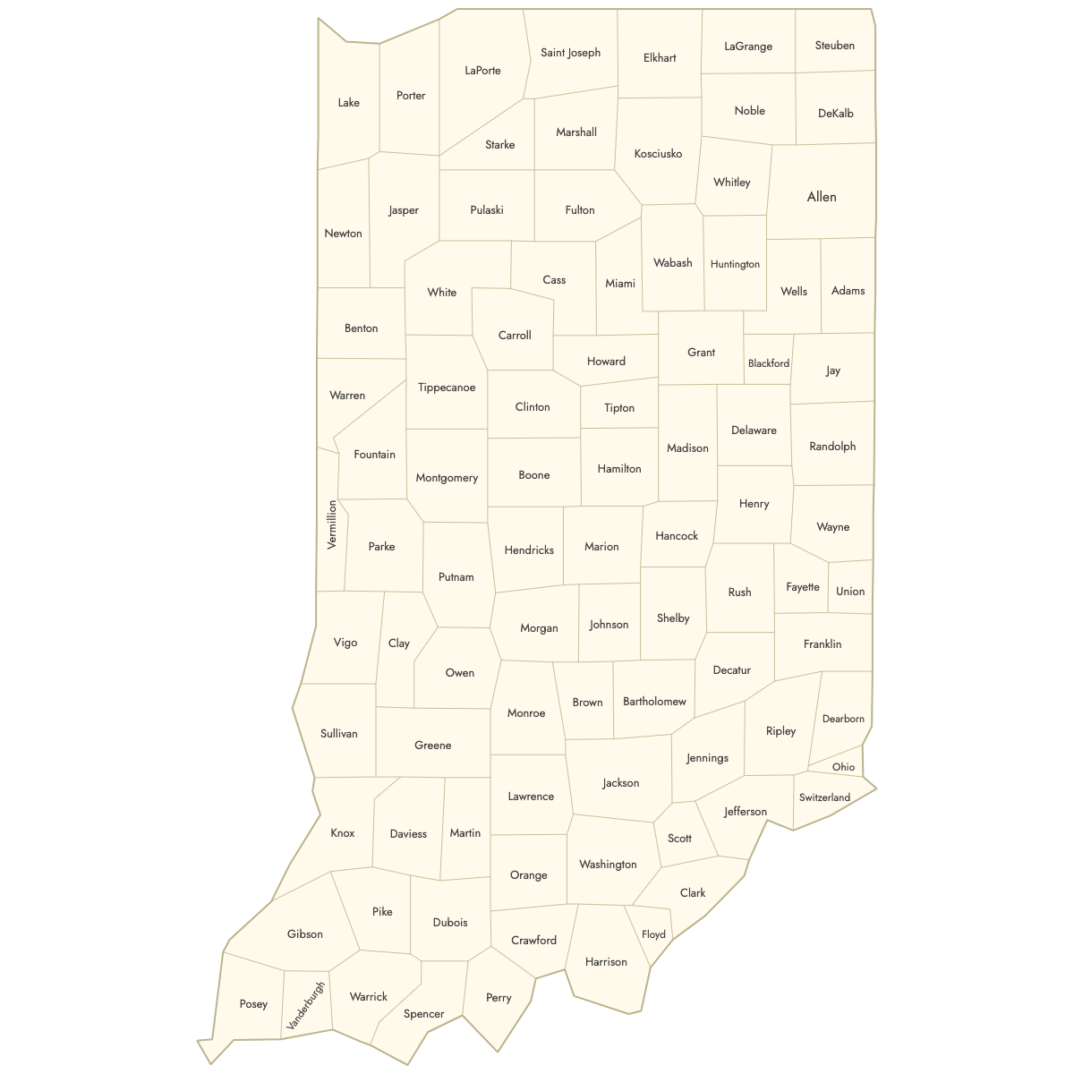 Unstyled Map of Indiana Counties With Labels