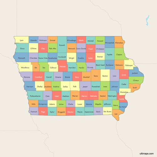 Preview of Colored Map of Iowa Counties with Surrounding Areas