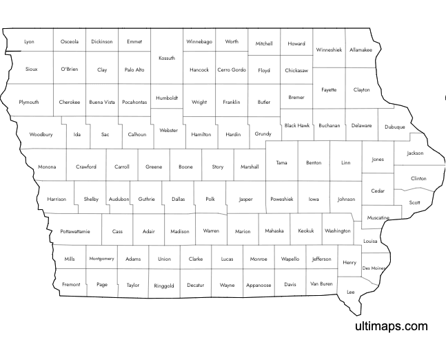 Preview of Labeled Map of Iowa Counties (A4)