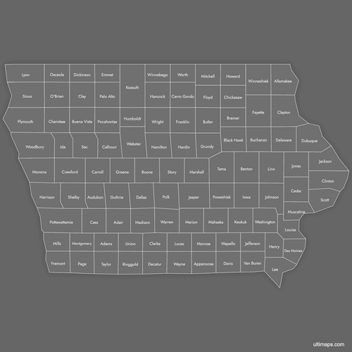 Preview of Labeled Map of Iowa Counties (Dark)
