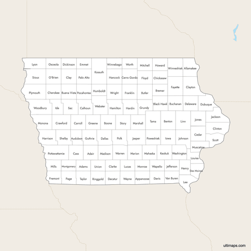 Preview of Labeled Map of Iowa Counties with Surrounding Areas