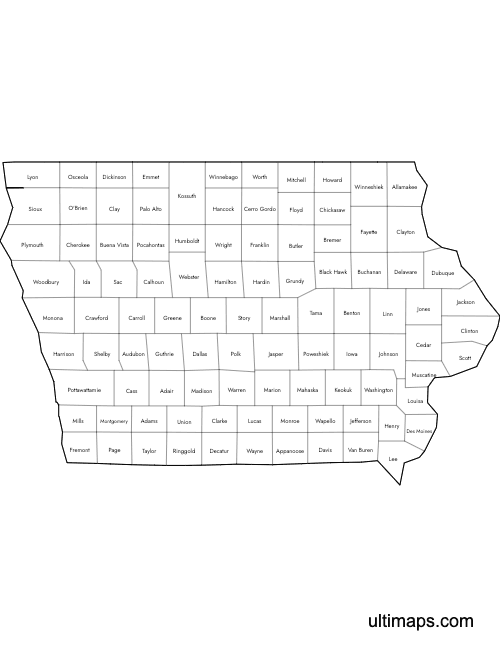 Preview of Labeled Map of Iowa Counties (Letter)