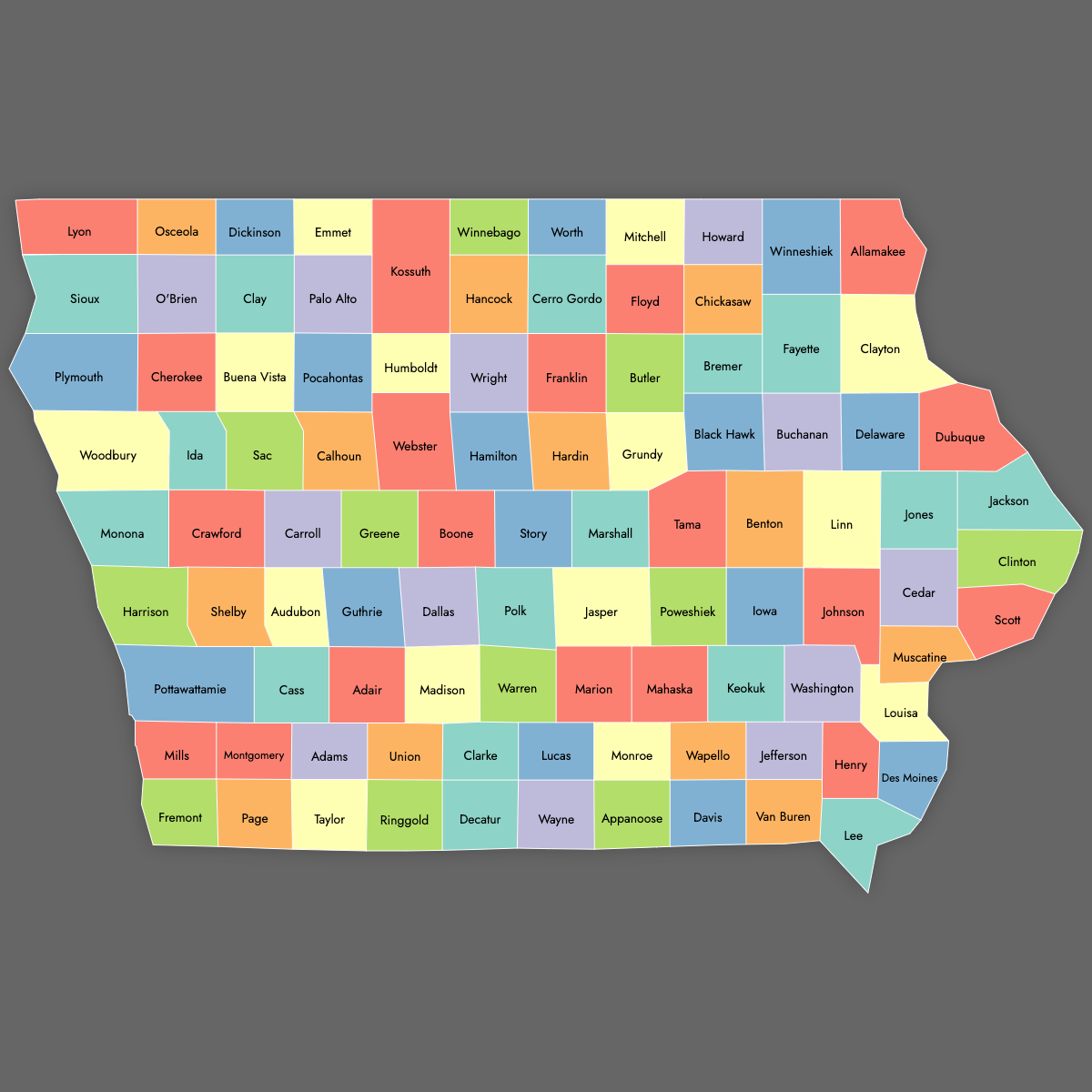 Custom Map of Iowa Counties with Labels (Dark Theme)