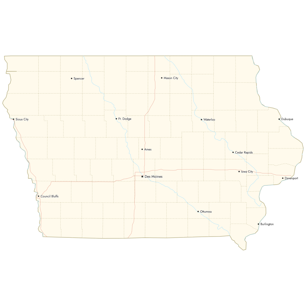 Custom Map of Iowa Counties with Cities