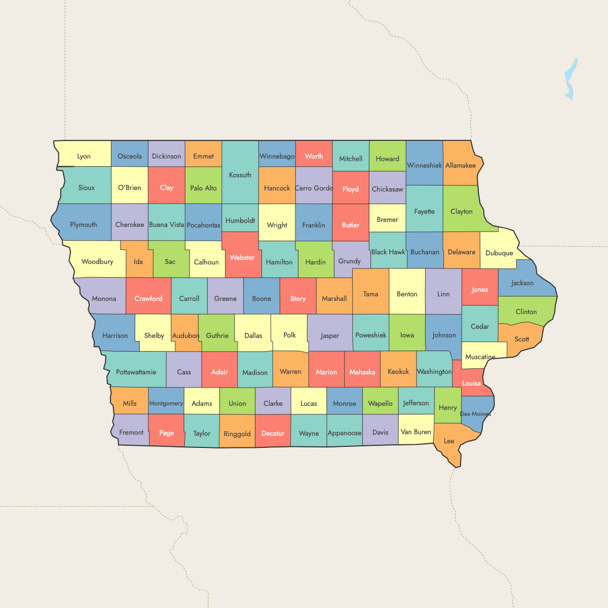 Custom Map of Iowa Counties with Surrounding Areas