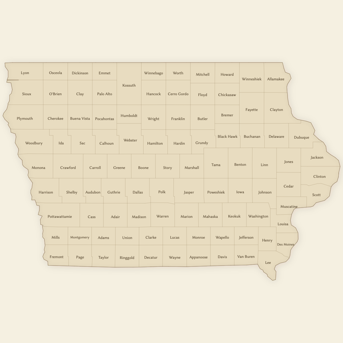 Styled Map of Iowa Counties (Vintage Theme)