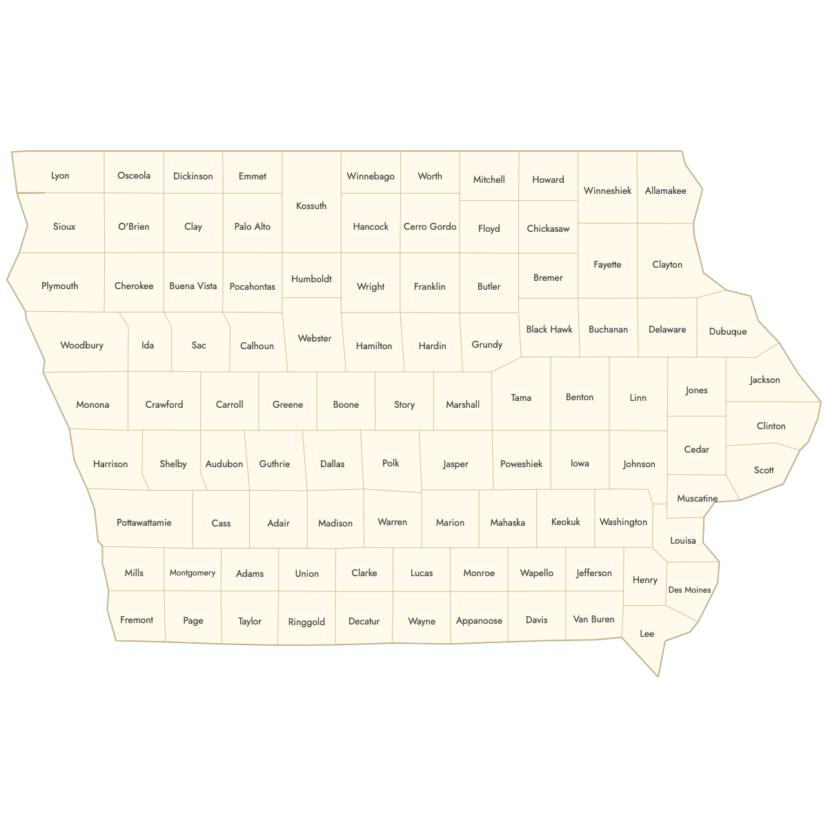 Unstyled Map of Iowa Counties With Labels