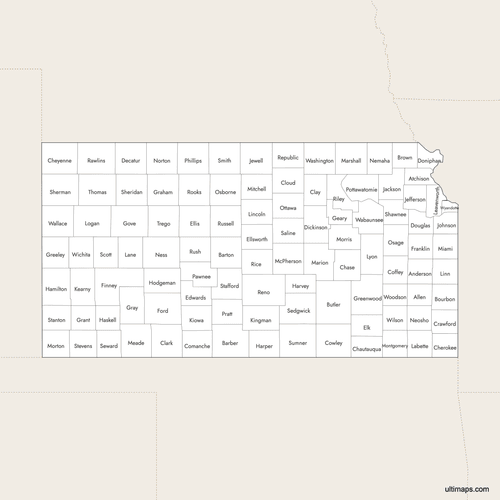 Preview of Labeled Map of Kansas Counties with Surrounding Areas