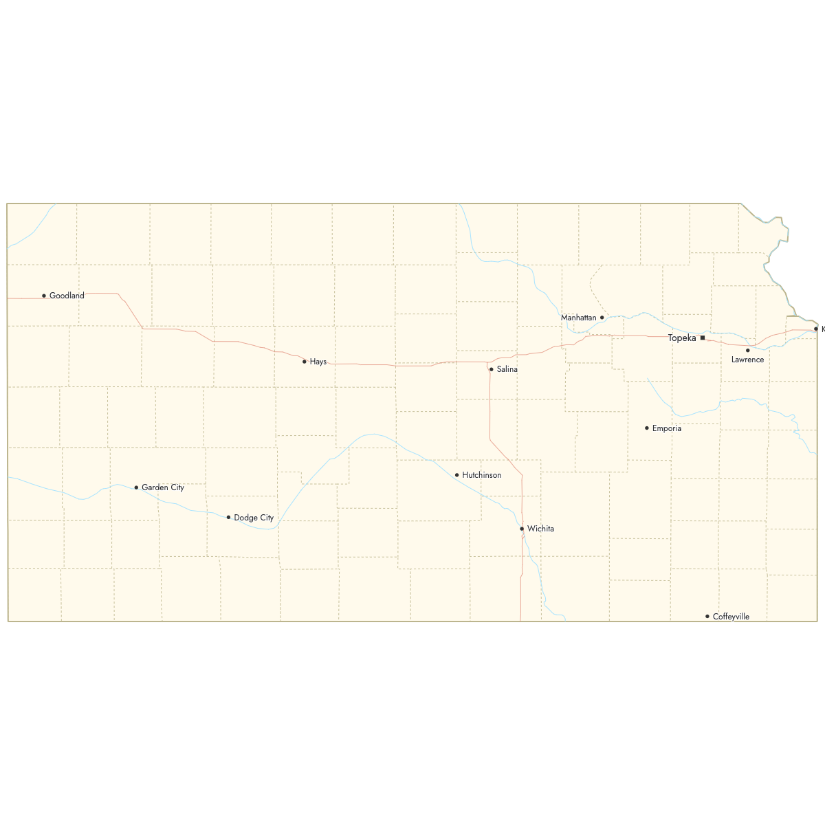 Custom Map of Kansas Counties with Cities