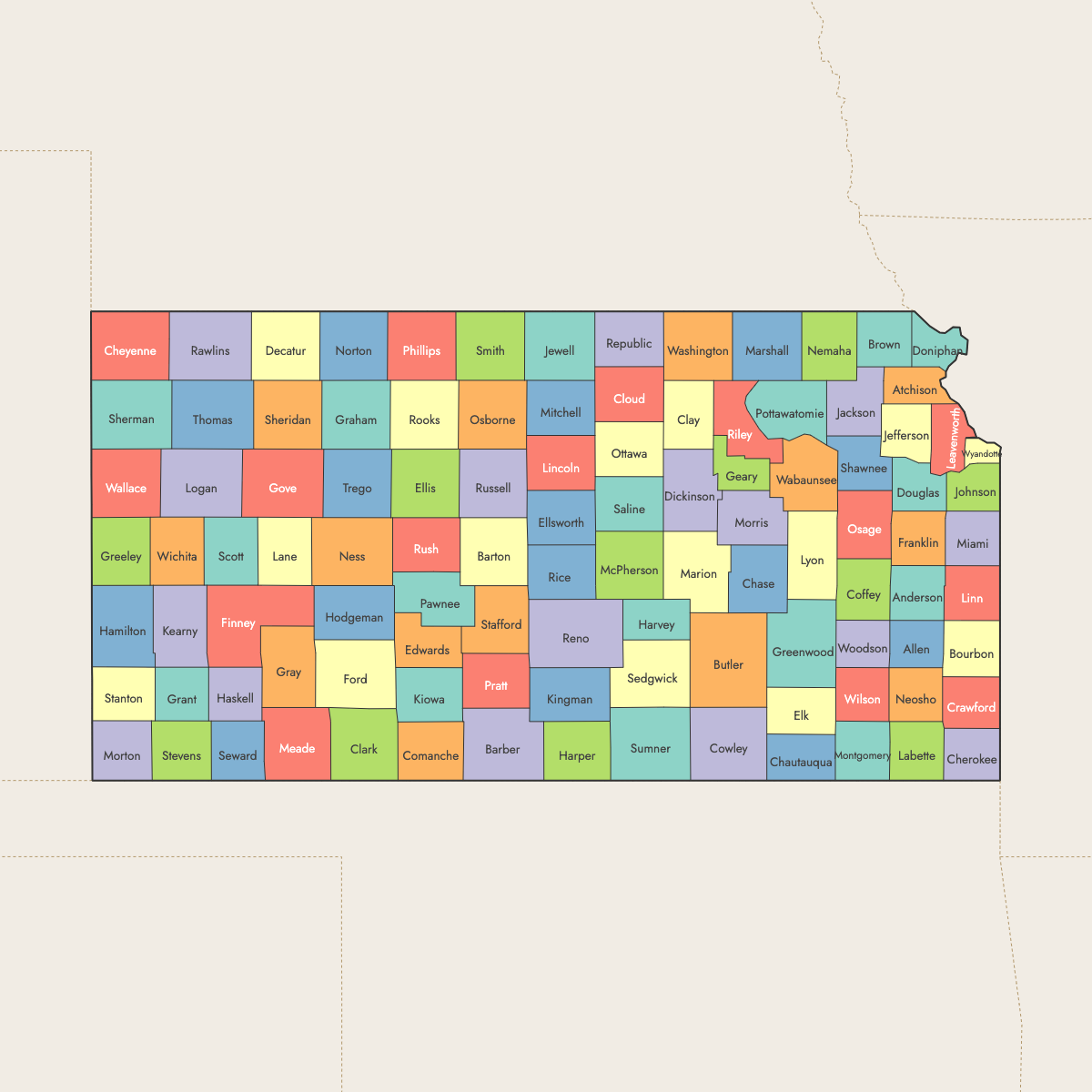 Custom Map of Kansas Counties with Surrounding Areas