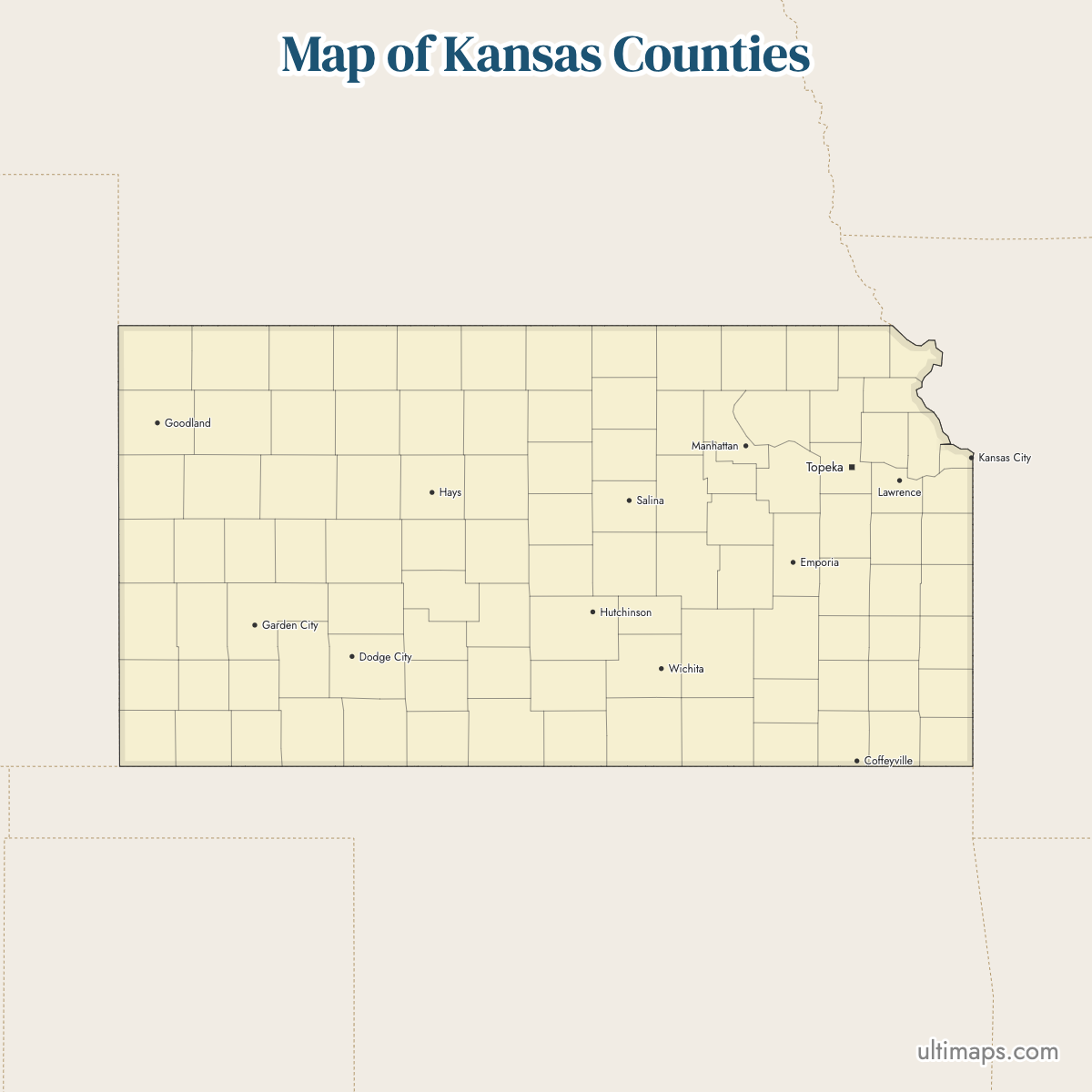 Map of Kansas Counties showing county borders
