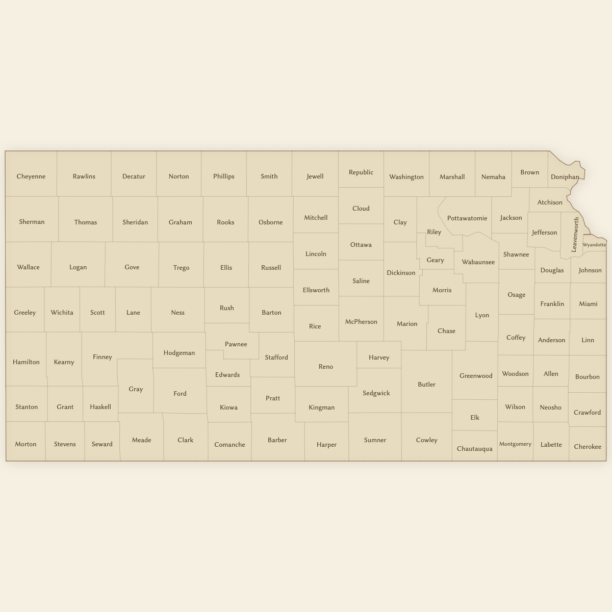 Styled Map of Kansas Counties (Vintage Theme)
