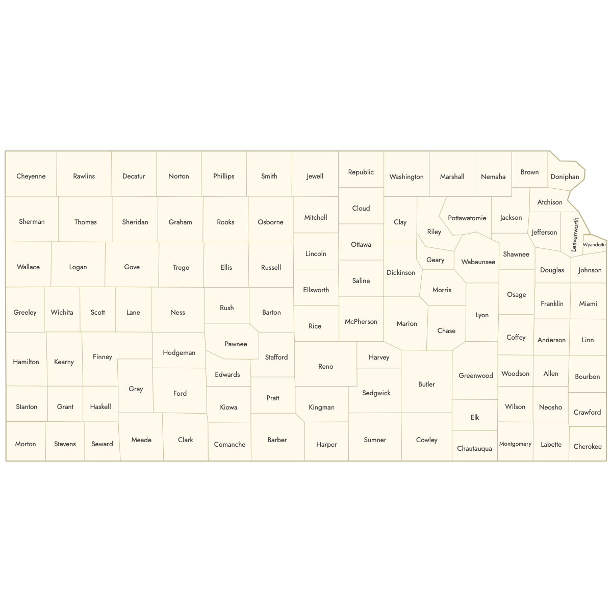 Unstyled Map of Kansas Counties With Labels