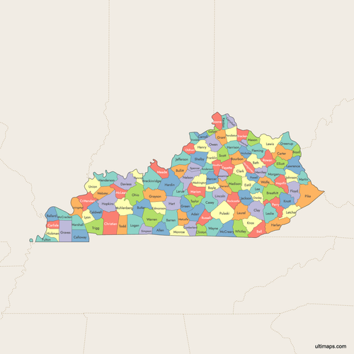 Preview of Colored Map of Kentucky Counties with Surrounding Areas