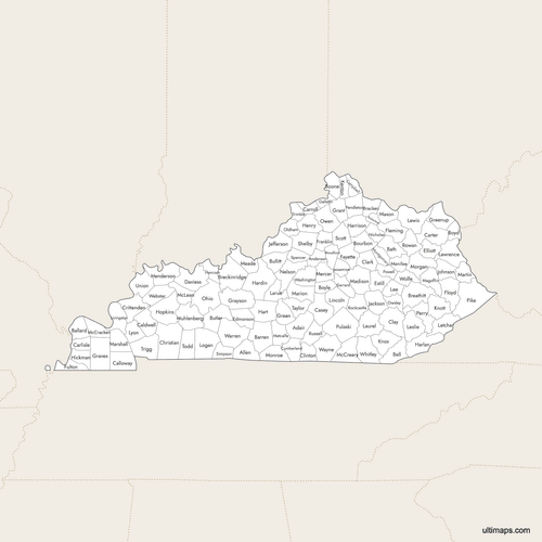 Preview of Labeled Map of Kentucky Counties with Surrounding Areas