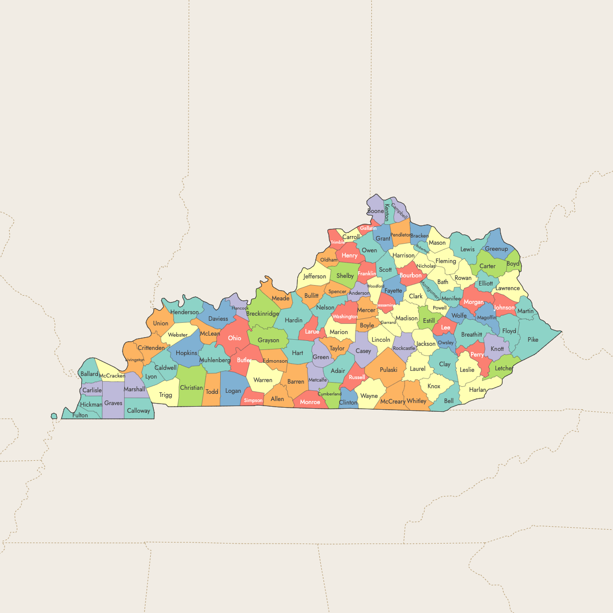 Map of Kentucky Counties with surrounding areas
