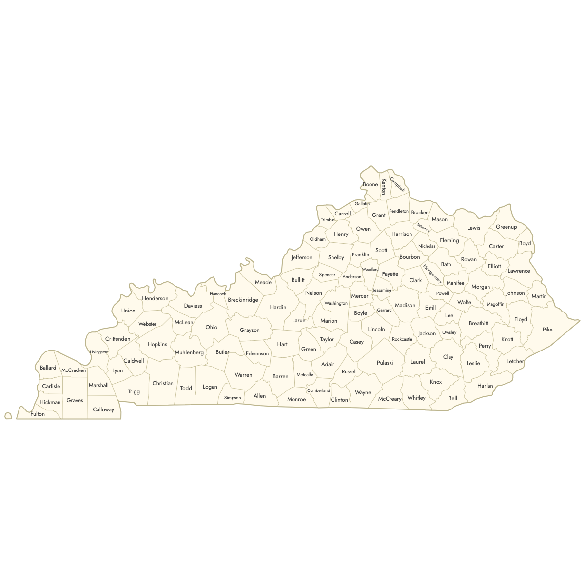 Unstyled Map of Kentucky Counties With Labels