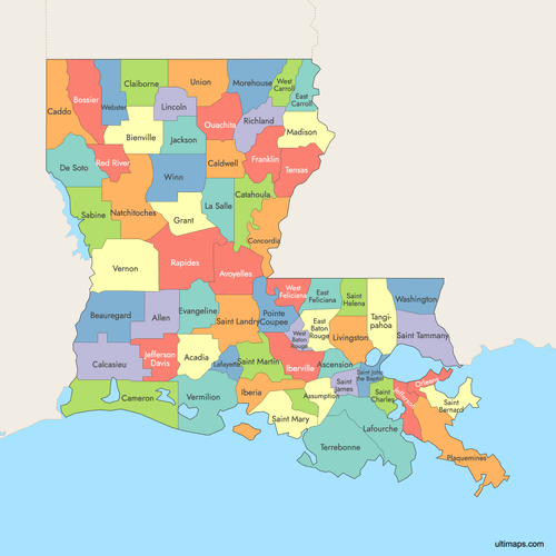 Preview of Colored Map of Louisiana Parishes with Surrounding Areas
