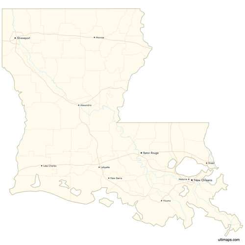 Preview of Map of Louisiana Parishes with Cities