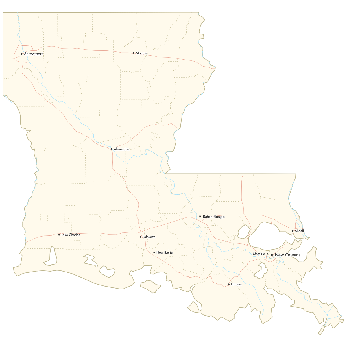 Custom Map of Louisiana Parishes with Cities