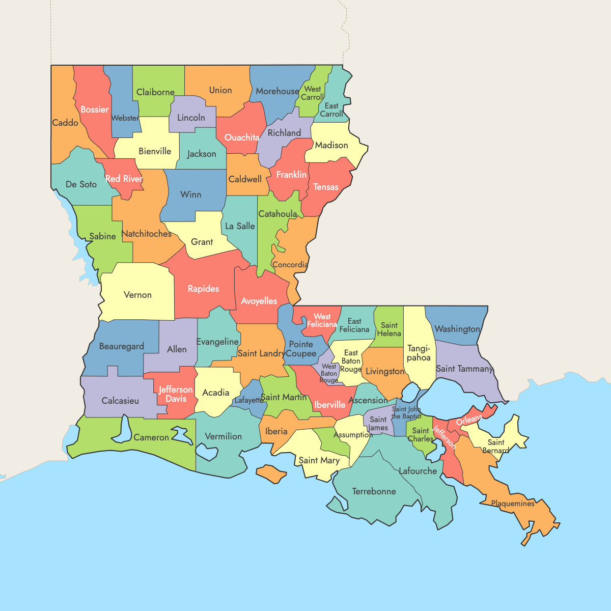Custom Map of Louisiana Parishes with Surrounding Areas