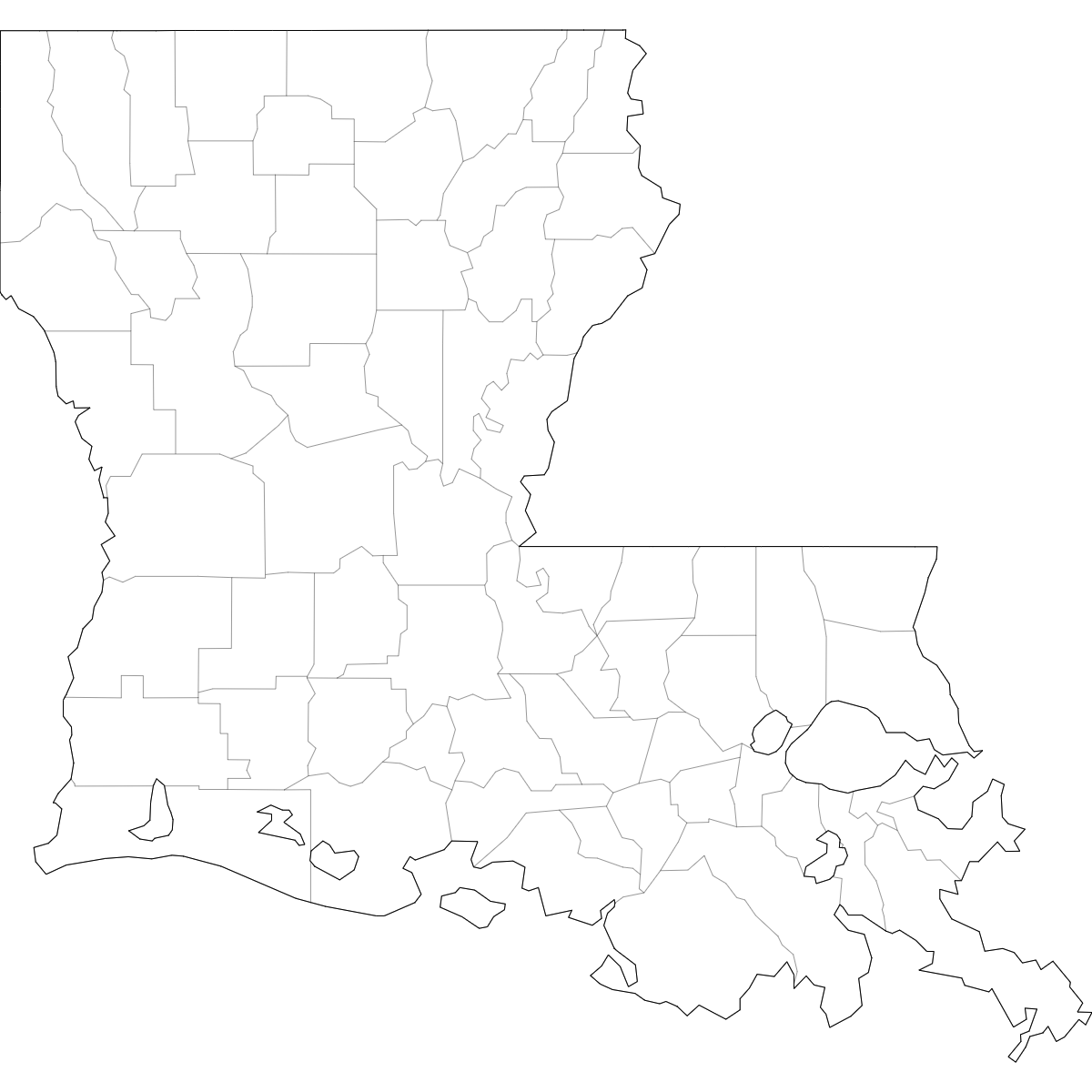 Blank outline map of Louisiana showing parish borders