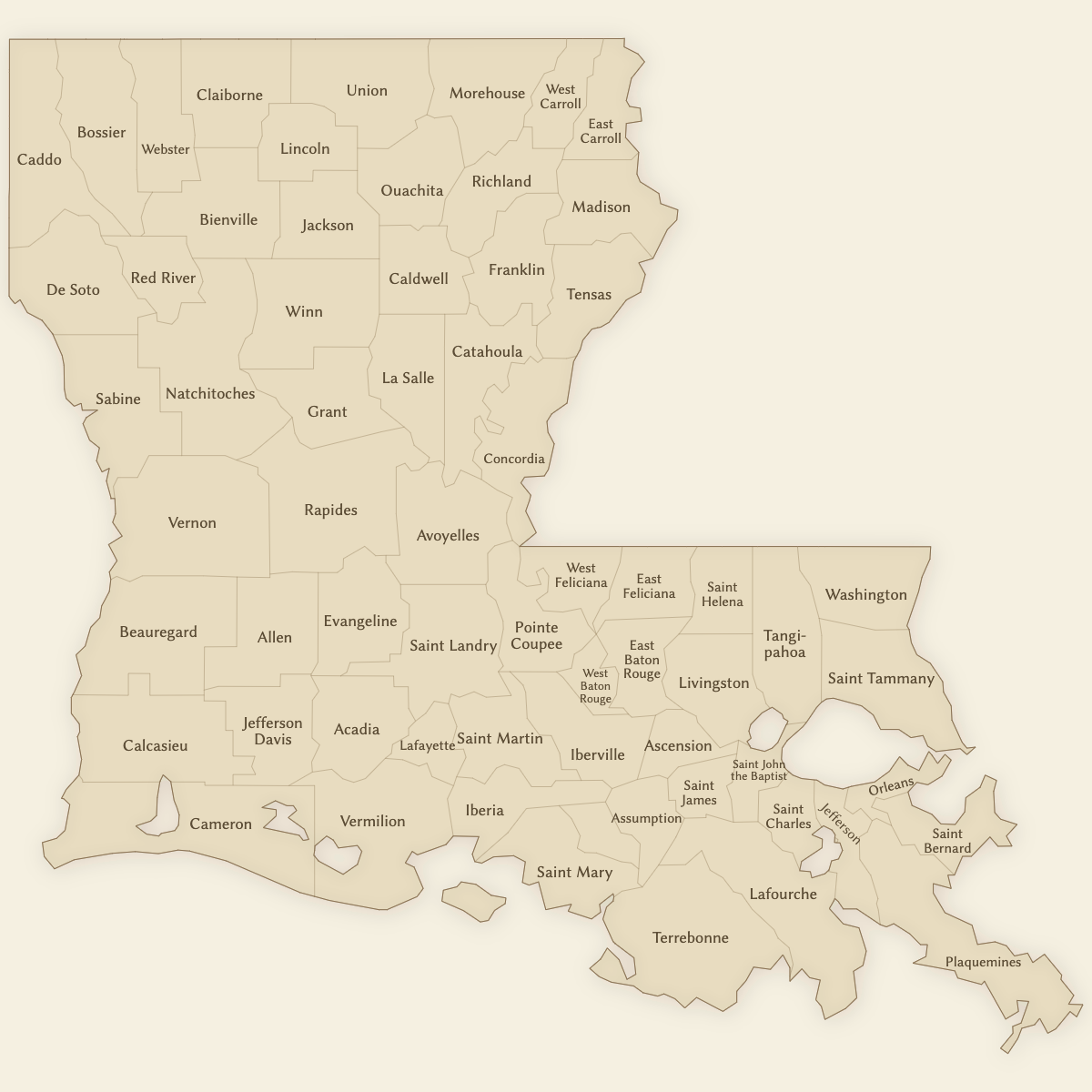 Styled Map of Louisiana Parishes (Vintage Theme)