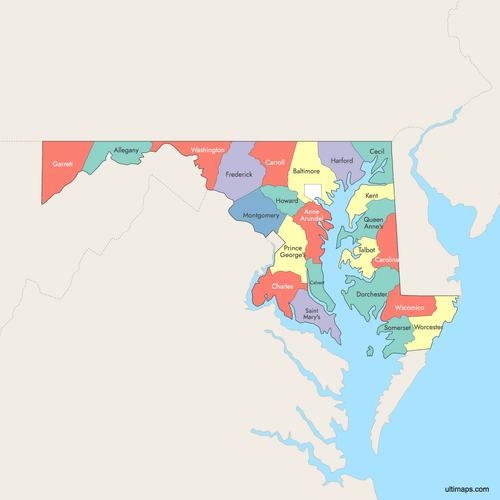 Preview of Colored Map of Maryland Counties with Surrounding Areas