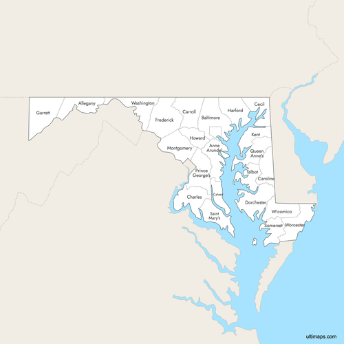 Preview of Labeled Map of Maryland Counties with Surrounding Areas