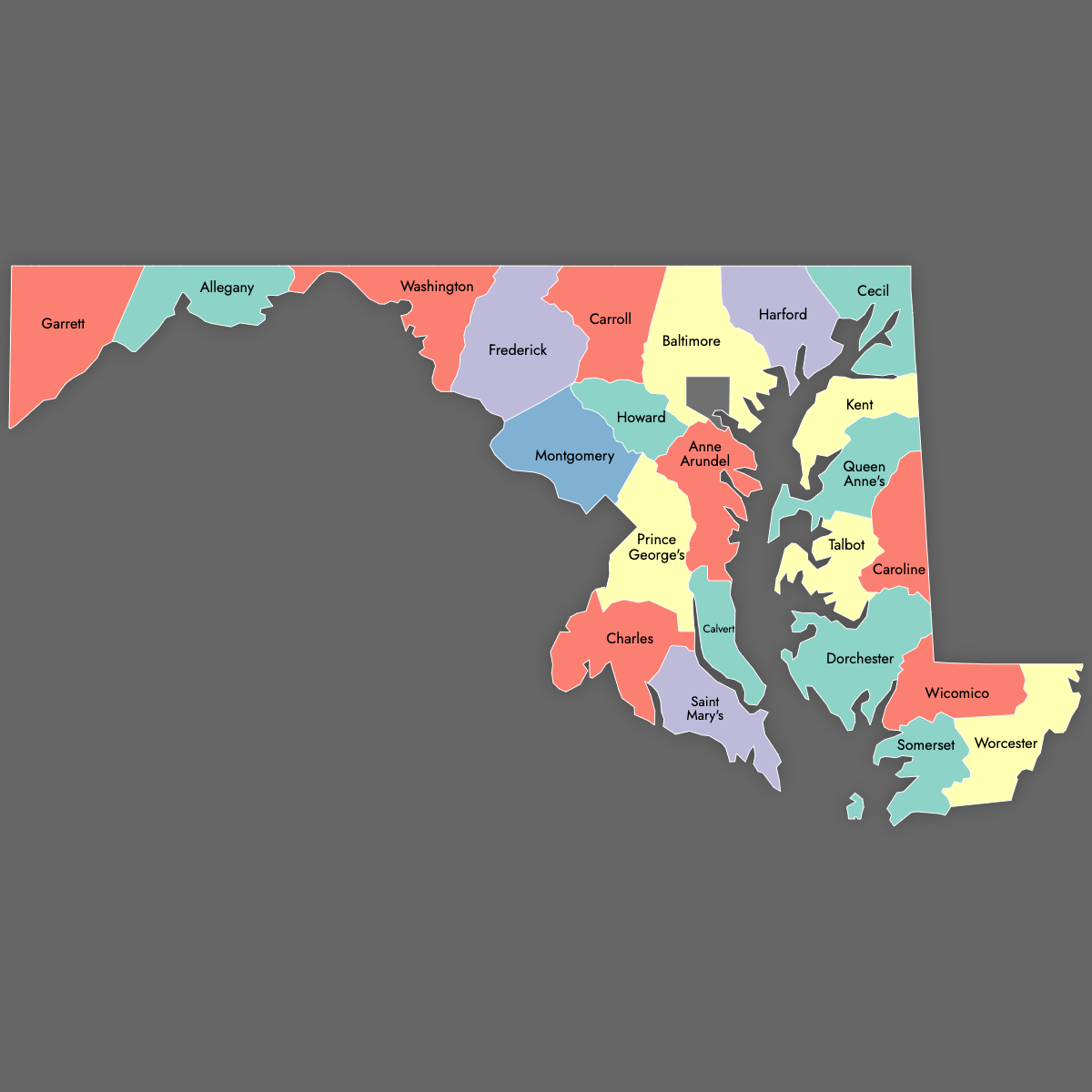 Custom Map of Maryland Counties with Labels (Dark Theme)