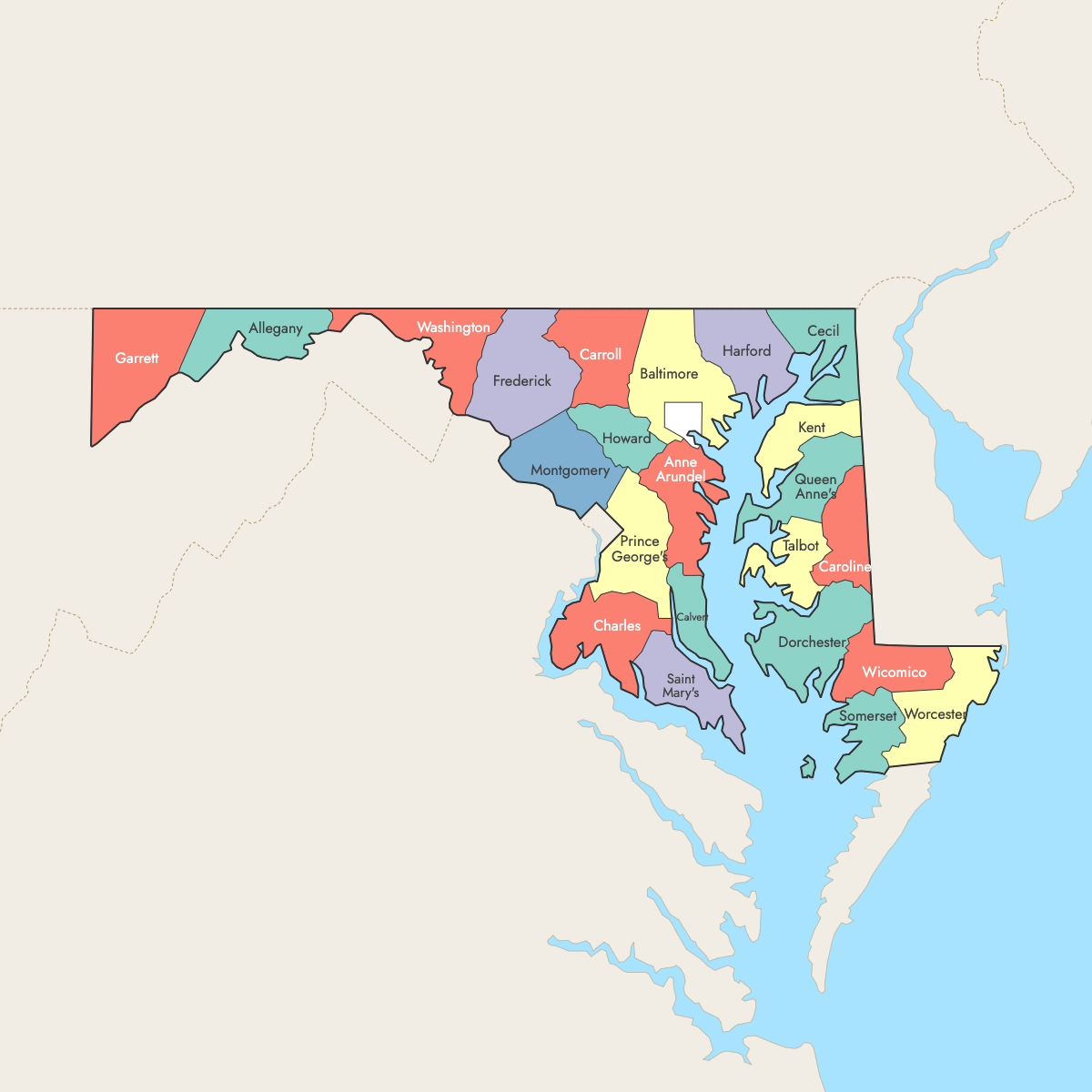 Custom Map of Maryland Counties with Surrounding Areas
