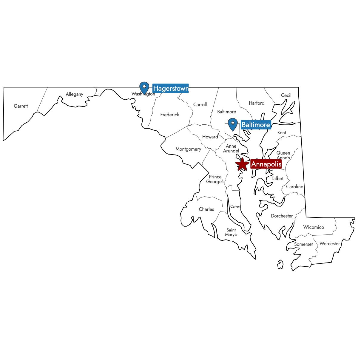 Map of Maryland Counties with Pins