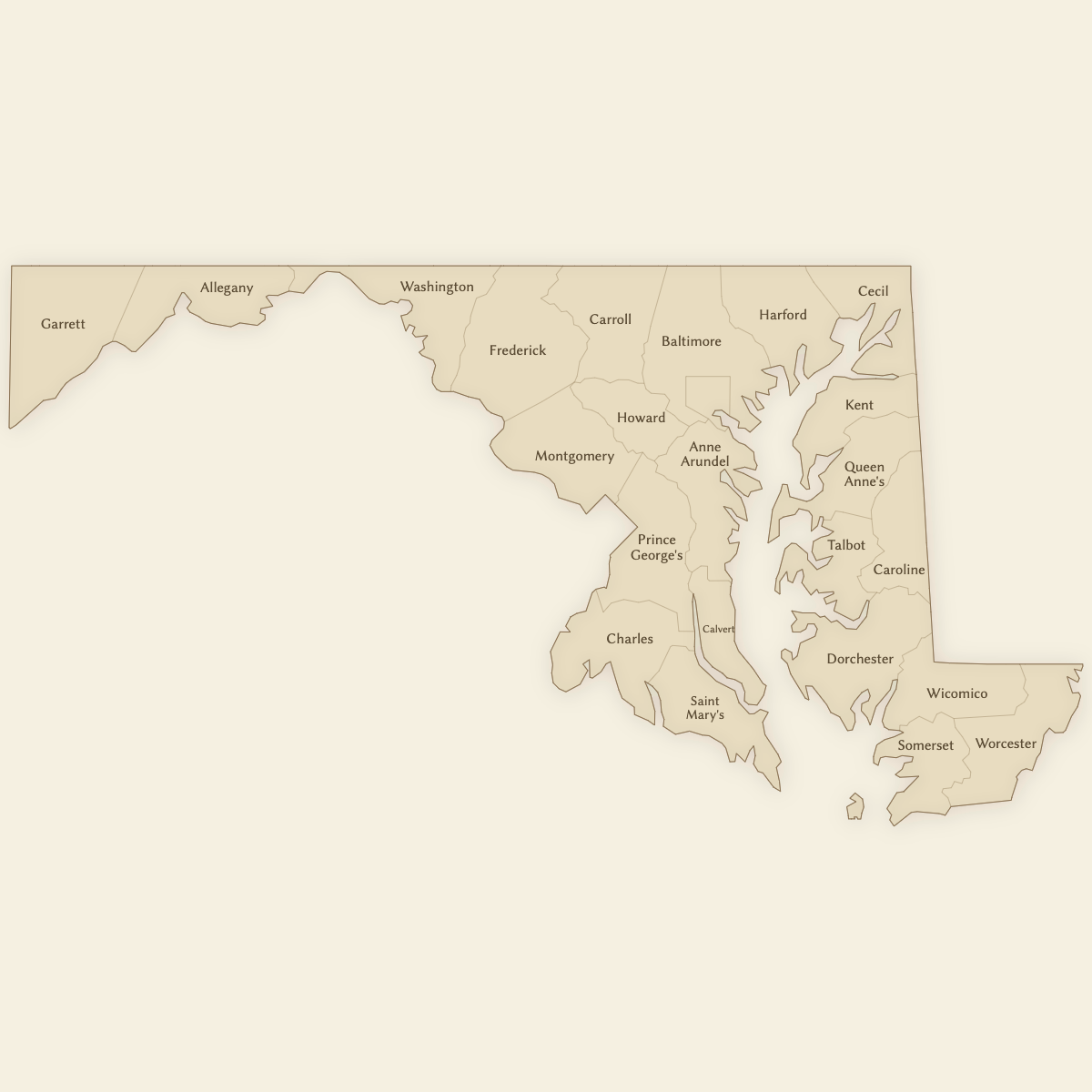 Styled Map of Maryland Counties (Vintage Theme)