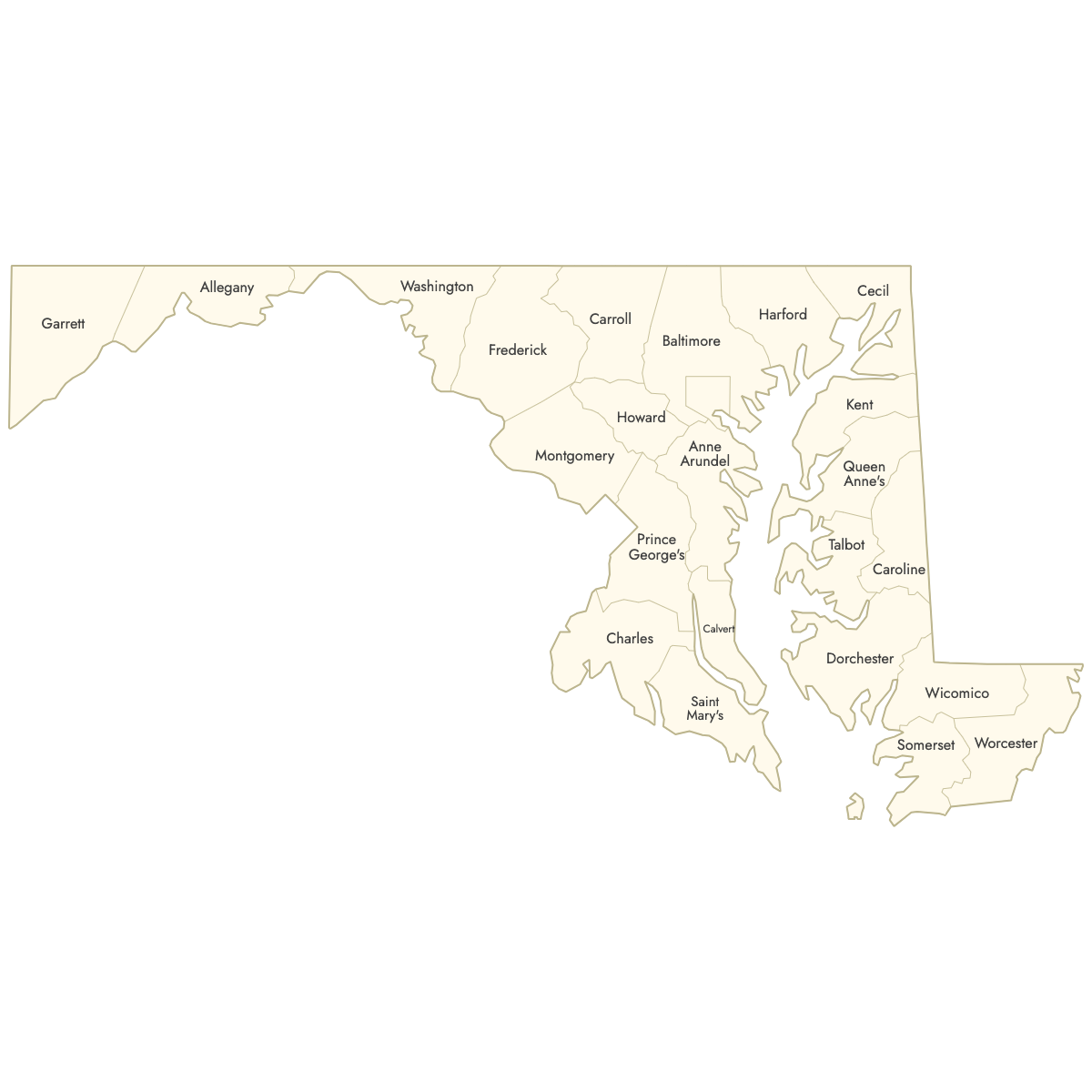 Unstyled Map of Maryland Counties With Labels