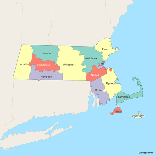 Preview of Colored Map of Massachusetts Counties with Surrounding Areas