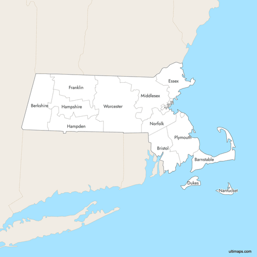 Preview of Labeled Map of Massachusetts Counties with Surrounding Areas