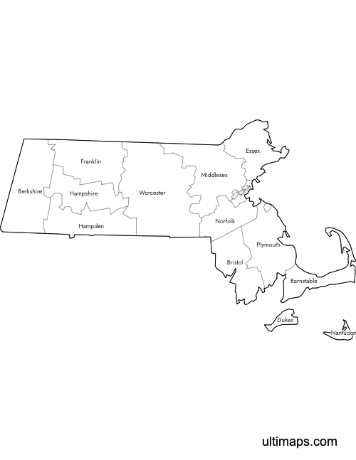 Preview of Labeled Map of Massachusetts Counties (Letter)