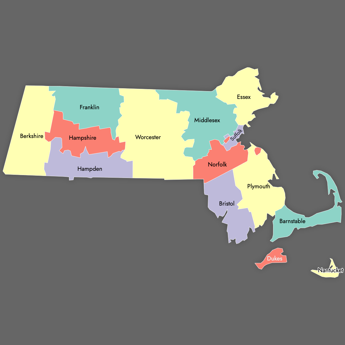 Custom Map of Massachusetts Counties with Labels (Dark Theme)