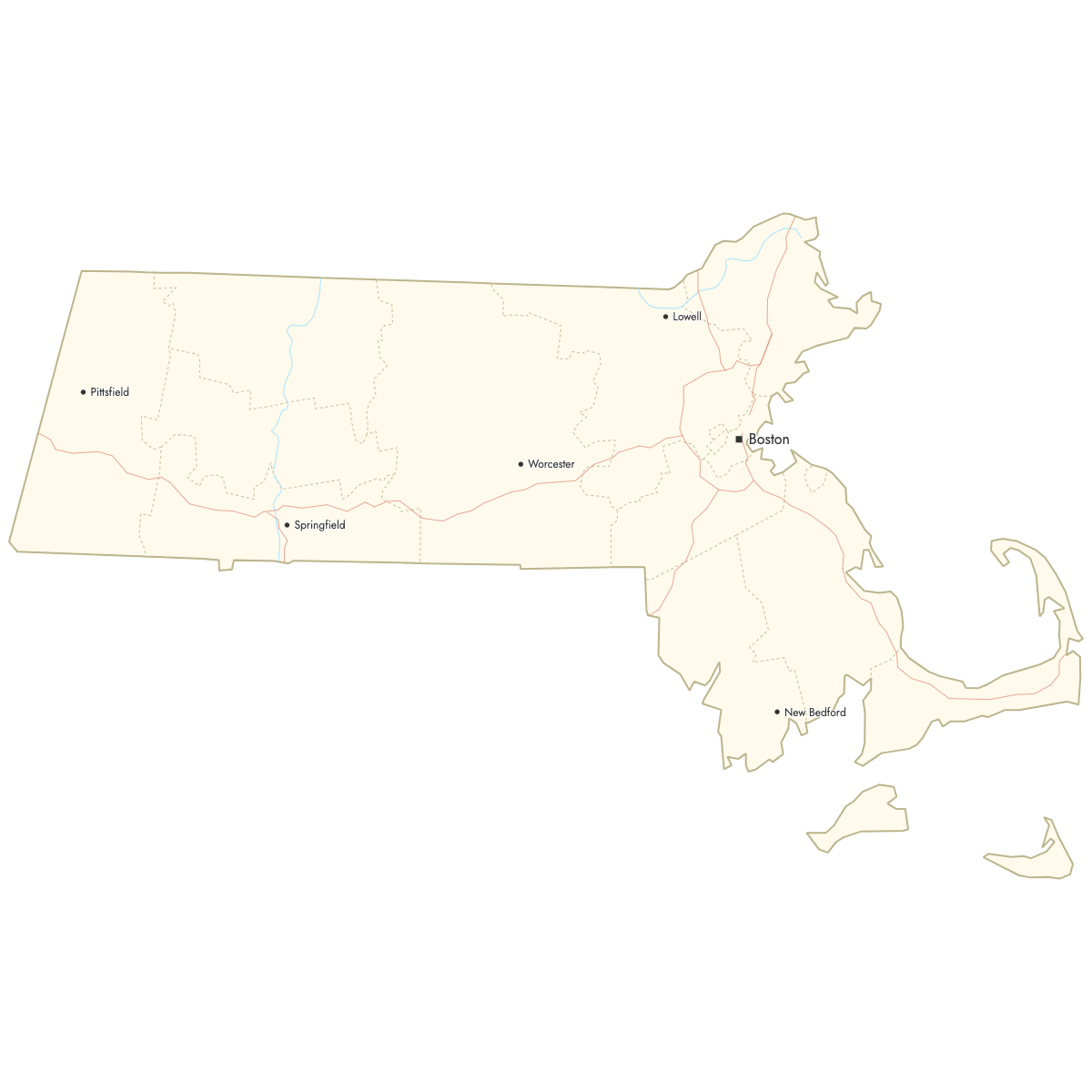 Custom Map of Massachusetts Counties with Cities