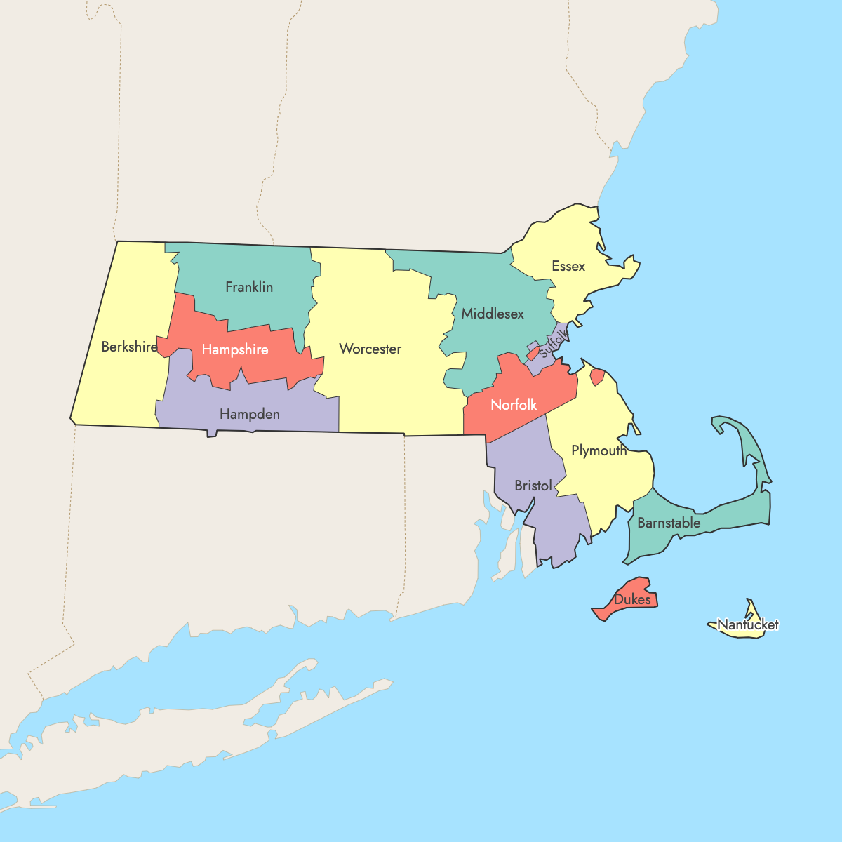 Custom Map of Massachusetts Counties with Surrounding Areas