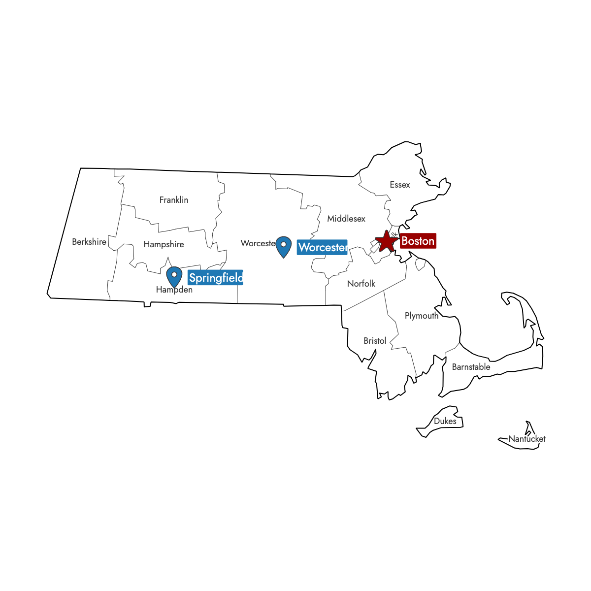 Map of Massachusetts Counties with Pins