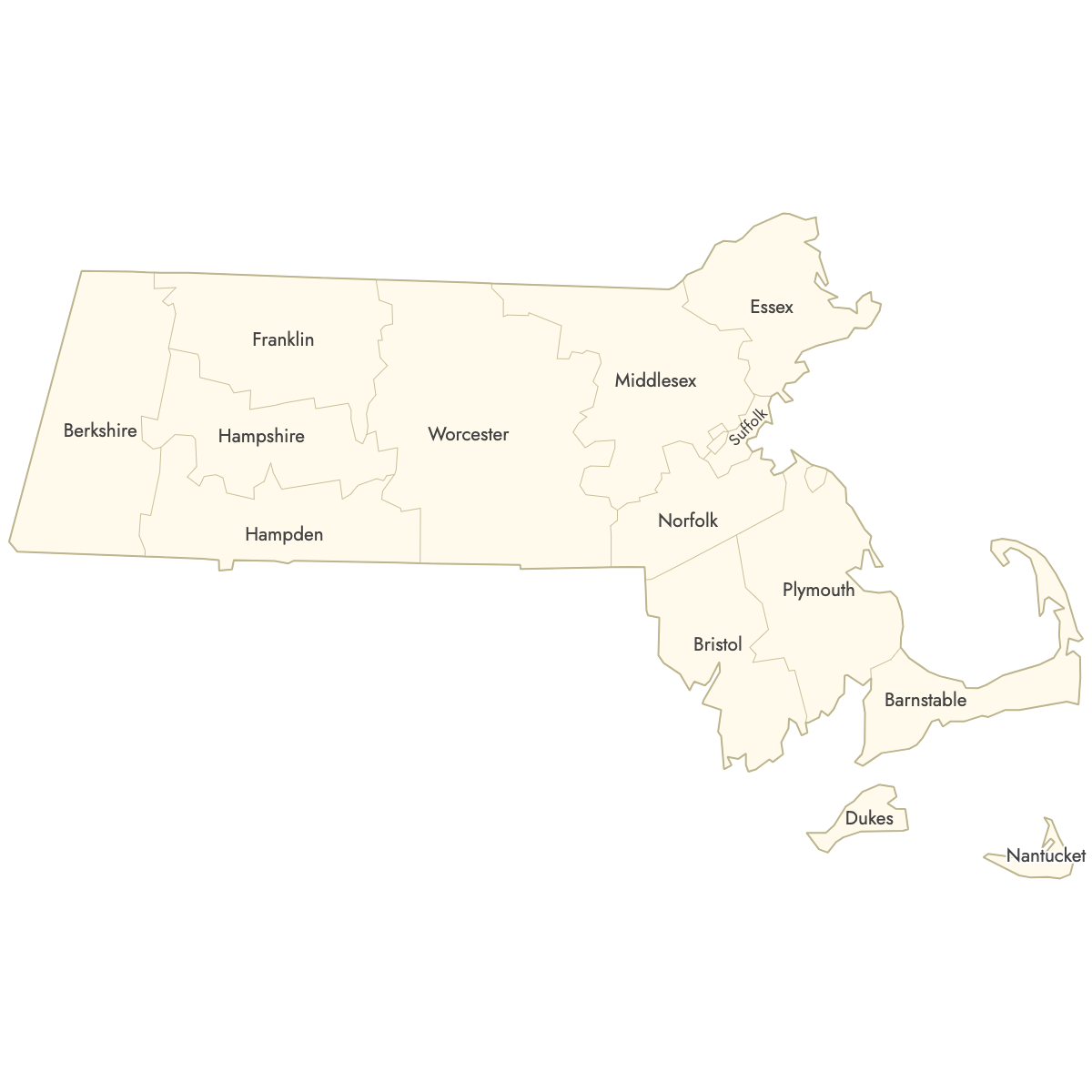 Unstyled Map of Massachusetts Counties With Labels