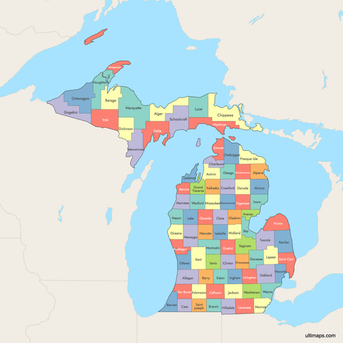 Preview of Colored Map of Michigan Counties with Surrounding Areas