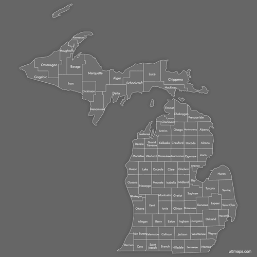 Preview of Labeled Map of Michigan Counties (Dark)